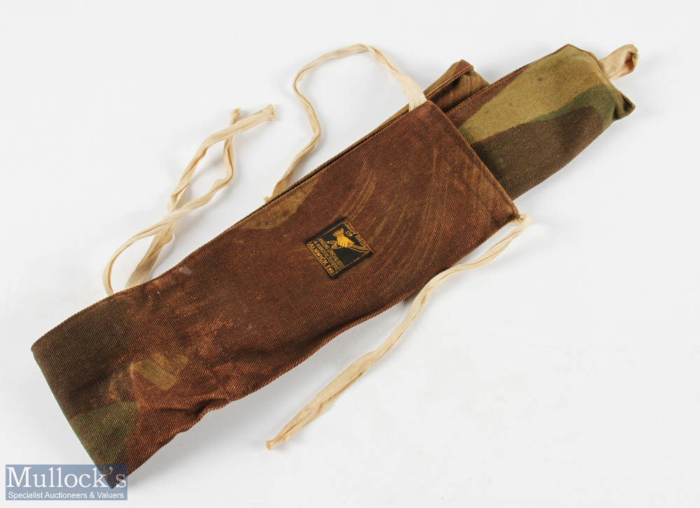 Scarce Hardy Bros Camo Design Rod Bag with Rod in Hand logo mark to flap, ink writing to inside