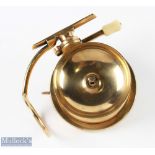A very fine Malloch Patent brass side casting reel, 3.25" with centre latch, oversize handle with