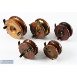 5x Assorted Wooden and Brass Reels - inc 4.5" fish tail strap back, 4" strap back with brass flange,