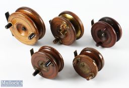 5x Assorted Wooden and Brass Reels - inc 4.5" fish tail strap back, 4" strap back with brass flange,