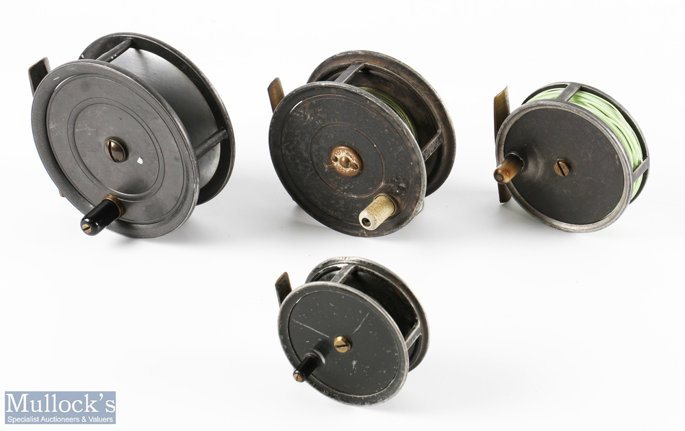 A collection of 4 alloy centre pin reels, all with fixed check - 3", 3.25", 4", 4.5" - all run