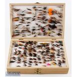 Large double Fly Box with brass catches, containing Sewin (sea trout), singles, doubles, trebles and