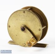 Mid Victorian Farlow 3" Brass Crank Wind Fly Reel with raised check housing to rear, bone handle,