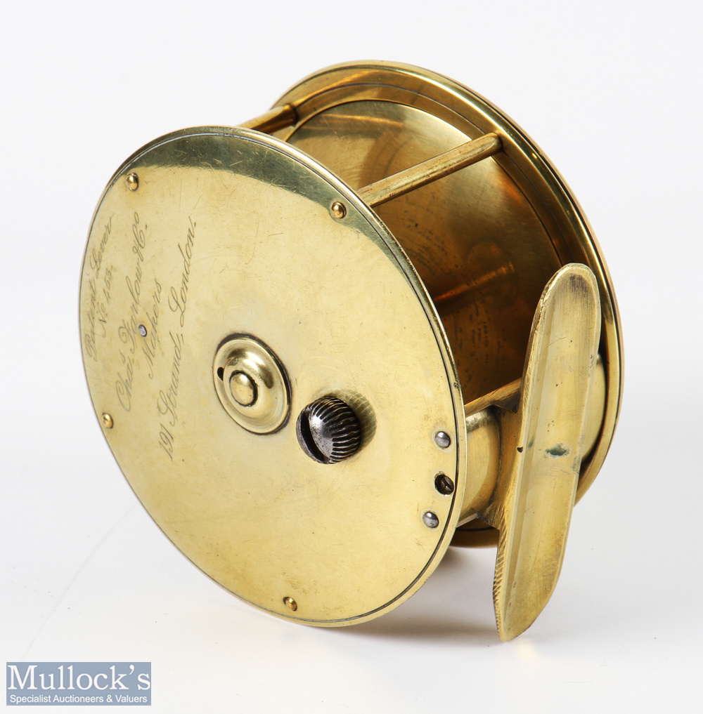 Chas Farlow, Maker, 191 The Strand, London, brass plate wind reel, stamped Patent Lever No 453, 4" - Image 2 of 2
