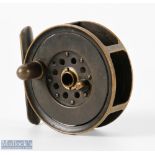 J B Moscrop Manchester 3" brass fly reel with maker's detail to rear and bottom of smooth brass