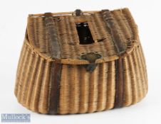 Early Farlow leather and fine weave Reed Creel c1880s with central slot to lid with brass clasp,