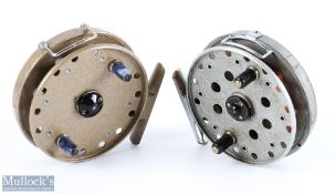 A pair of Grice & Young Avon Royal Supreme reels, one tan, one grey, 4.25" narrow caged spool with