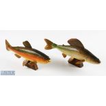 2x Wooden Carved Stylised Fish of a Rainbow Trout and Grayling, on plinth - the Trout has slight