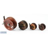 Group of 4 Unusual Wooden Reels - 5.5" centrepin with shaped brass back and foot with twin alloy