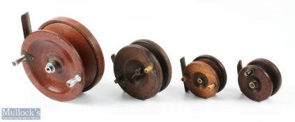 Group of 4 Unusual Wooden Reels - 5.5" centrepin with shaped brass back and foot with twin alloy