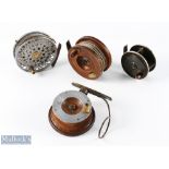 A collection of unnamed reels, all needing attention: Star back mahogany reel, missing handle;