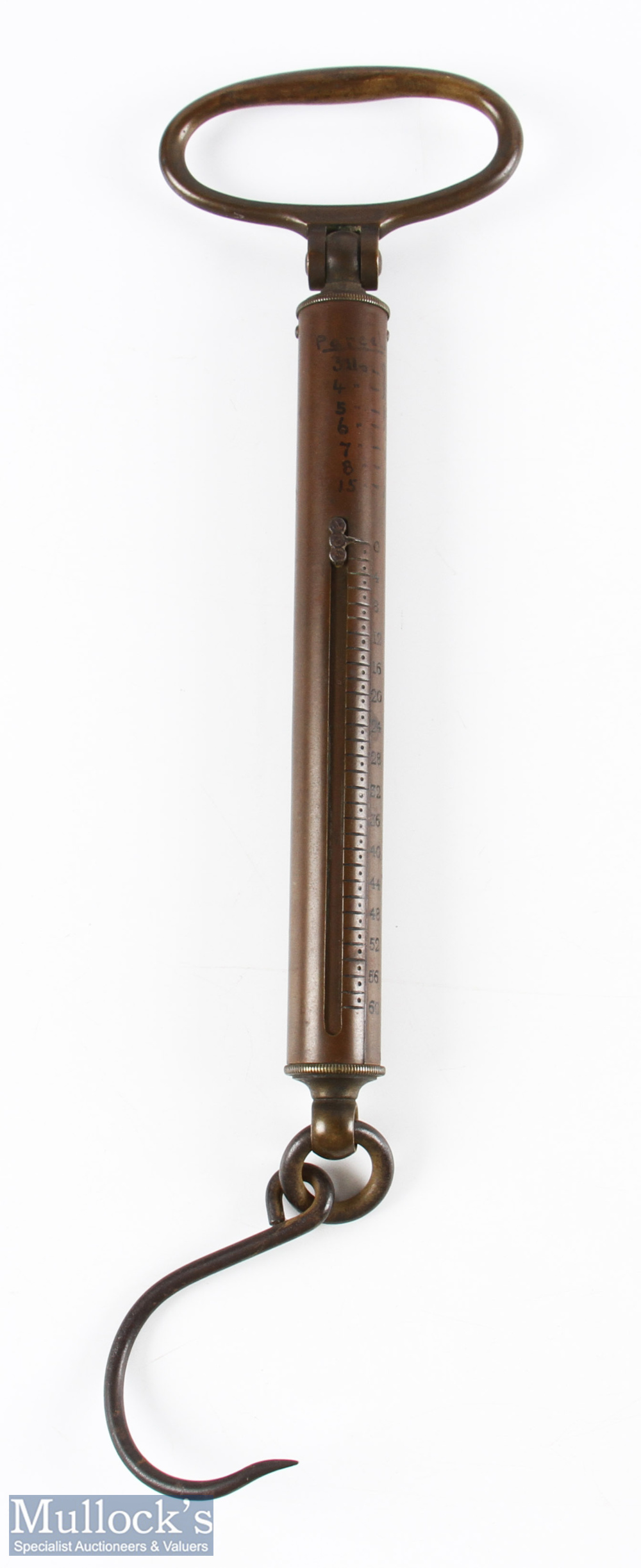 C Farlow London, salmon spring scales, 4-60lb in 4lb increments retaining original bronze finish,