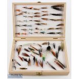 Large double Fly Box with brass catches, containing a large selection of salmon flies, singles,