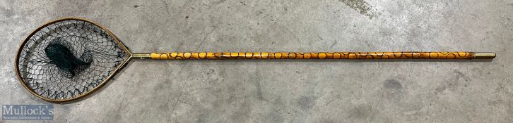 Period Ash Frame Landing Net, with whole cane handle with burnt decoration, brass fittings G+