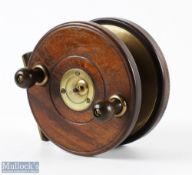 S Allcock & Co 5" Wooden and Brass Fishtail Frogback Reel with twin shaped handles, Slater's style
