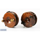 2x 6" Wooden and Brass Starback Reels - one having flame wood style finish, twin handles, brass line