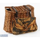 Wicker creel with unusual lid 6" x 13" x 9" with curved lid with leather hinges, opens away from