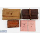 A collection of fishing wallets, made up of: leather 5" x 3.5" with 4 vellum leaves and 2 pockets,