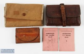 A collection of fishing wallets, made up of: leather 5" x 3.5" with 4 vellum leaves and 2 pockets,