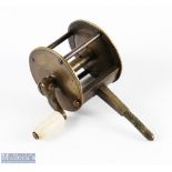 Small 19th century brass 1.5" Spike Winch Reel with bone handle, brass bridge and spike, no
