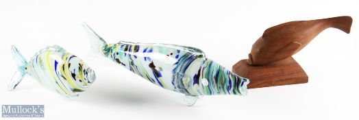 2x Murano Glass Fish plus a Wooden carved fish on stand, the glass fish are 11" and 21" long with no
