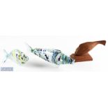 2x Murano Glass Fish plus a Wooden carved fish on stand, the glass fish are 11" and 21" long with no