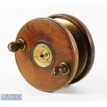 Scarce 5" Wooden and Brass Fishtail Frogback Reel with twin brown handles, sliding drum catch, brass