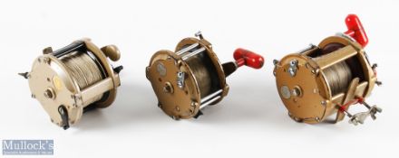 3x Grice & Young Ltd Tatler Multiplier Reels two with red handles both 4.25" dia. end plates, one