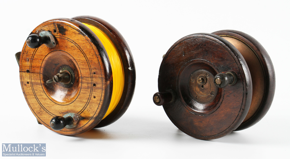 Wooden and Brass 4.5" Frogback Reel with sliding catch release, brass flange, rear check on/off,