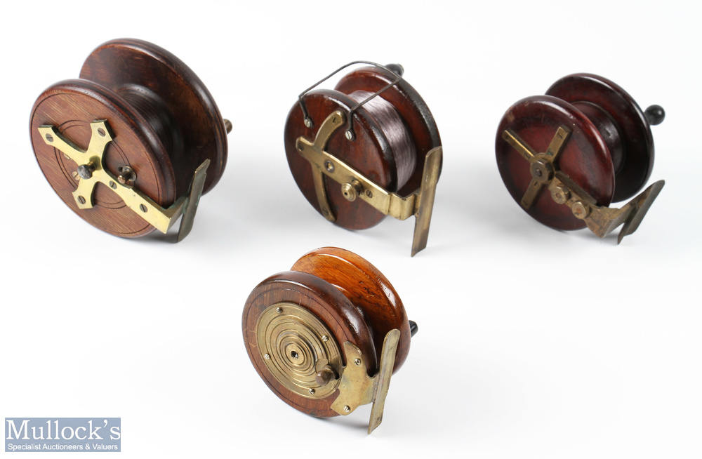4x Brass Backed Wooden Centrepin Reels one having circular back design with stepped engraved - Image 2 of 2