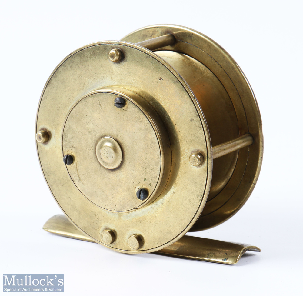 Mid Victorian Farlow 3" Brass Crank Wind Fly Reel with raised check housing to rear, bone handle, - Image 2 of 2