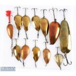 A collection of Hardy brass and copper finish Spoons, all with hooks and swivels (13)