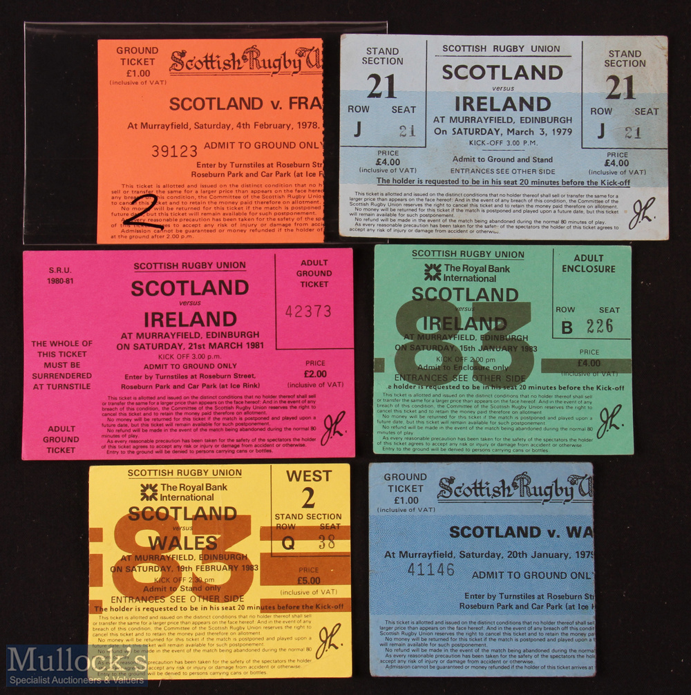 1978-1983 Scotland 5 Nations Rugby Tickets (6): v Wales 1979 & 83; France 1978; Ireland 79, 81 & 83.