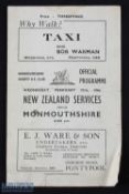 1946 'Kiwis', NZ Services v Monmouthshire Rugby Programme: Famous 'tour' and famous shock 15-0