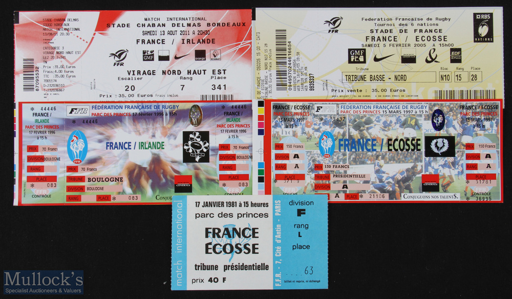 France v Scotland & v Ireland Rugby Tickets (5): v the Scots 1981, 97 & 2005; v Ireland 1996 & Aug