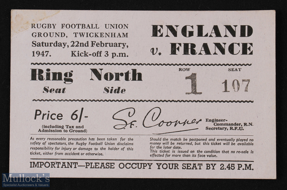 1947 England v France Rugby Ticket: Lovely large old buff North Ring ticket for the first official