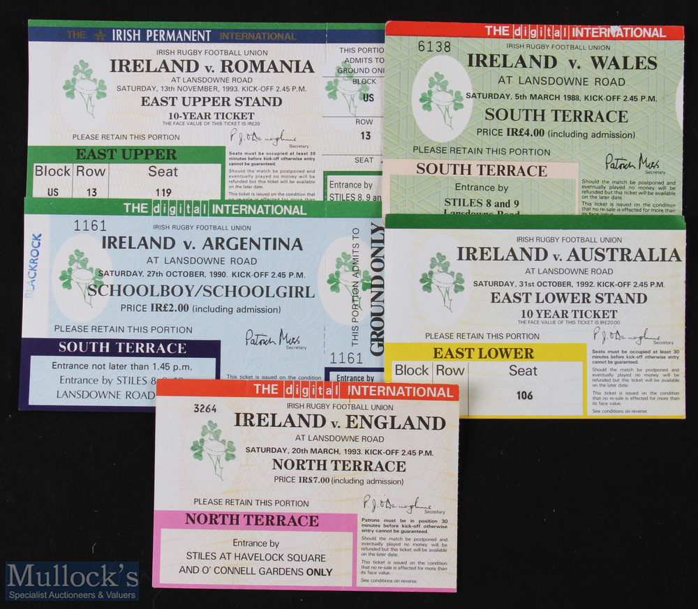 1988-1993 Ireland Home Rugby Tickets (5): v Wales 1988; Argentina 1990; Australia 1992; and v