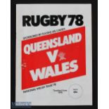 1978 Queensland v Wales Rugby Programme: Large well-illustrated issue from the less than