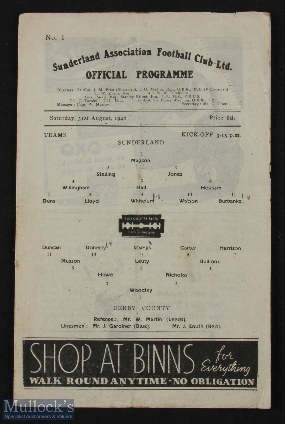 1946/47 Sunderland v Derby County Div. 1 match programme 31 August 1946 (1st match after WW2), 4