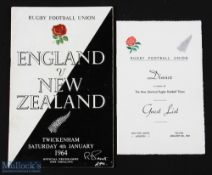 1964 England v NZ Programme & Dinner List (2): The Twickenham issue for the game and the scarce