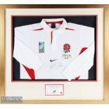 2003 England RWC Winners Official Signed Jersey: Martin Johnson Ltd Ed No. 9/100, framed and mounted