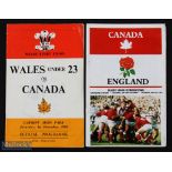 1962/1993 Canada Connection Rugby Programmes (2): Two rarer issues, for Wales Under 23 v Canada 1962