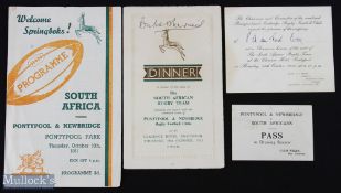 Rare 1951 Pontypool/Newbridge v S Africa Rugby Items (4): Signed match programme by Springbok Paul