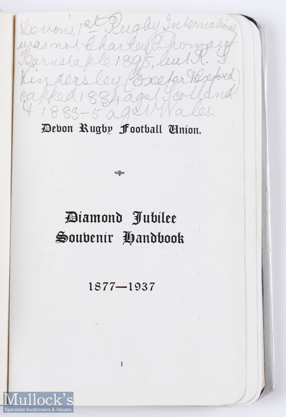 Rare 1937 Devon RU Diamond Jubilee Handbook: 5" x 3.5" leatherette with gilt titles, a carefully - Image 2 of 2
