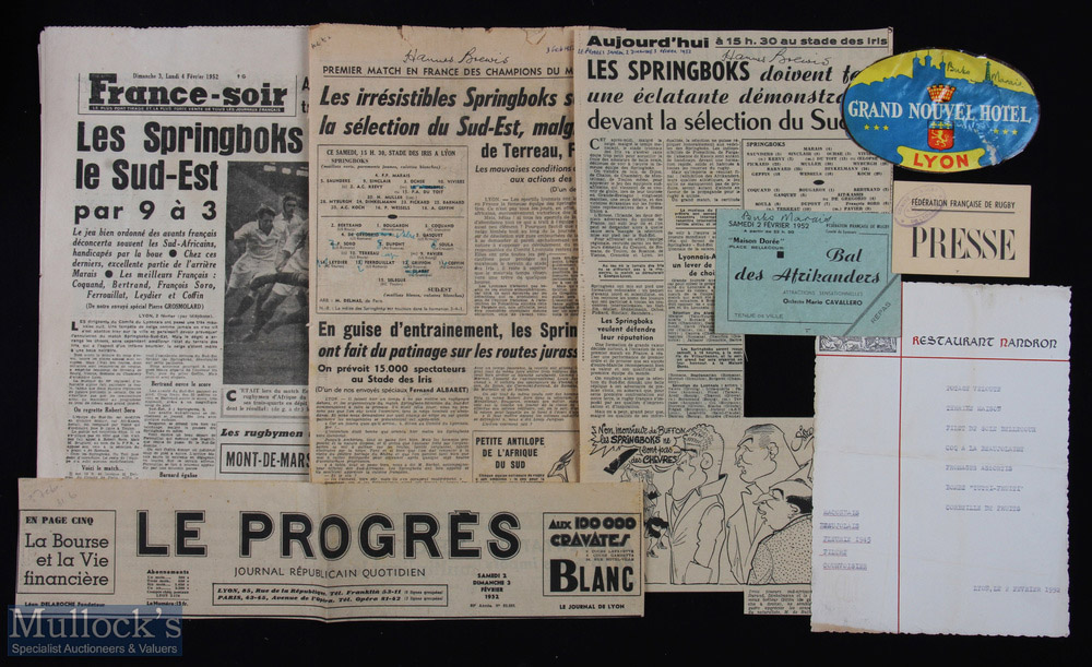 1952 S Africa French Rugby Tour Signed Menu, Tickets, Cuttings etc (7): Several press previews/