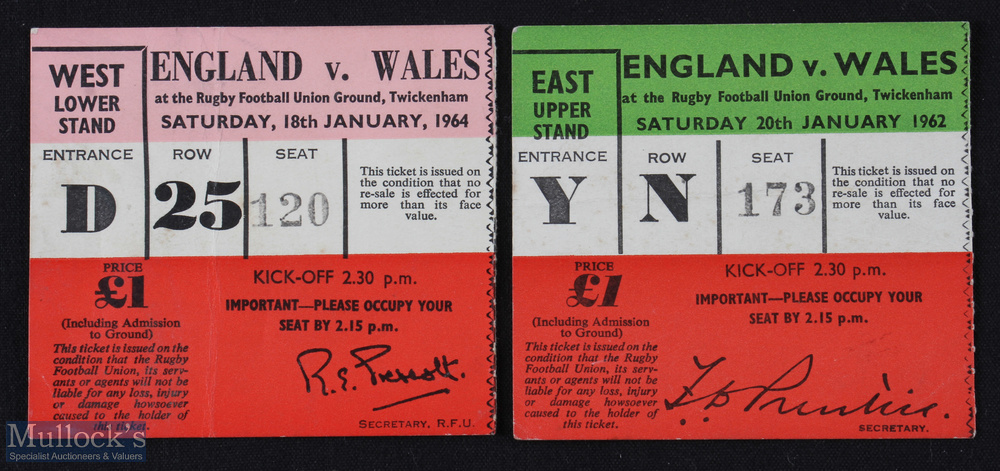 1960s England v Wales Rugby Tickets (2): Twickenham tickets from 1962 & 1964. Good condition