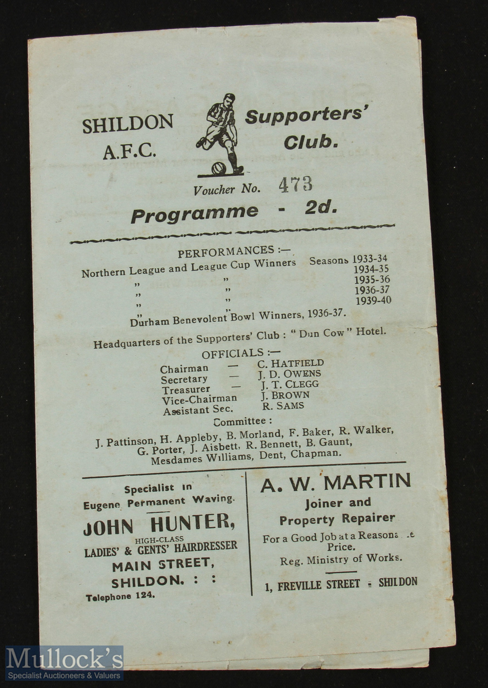 1948/49 Shildon v Sunderland friendly match programme 9 April 1949, 4 pager; fair. (1)