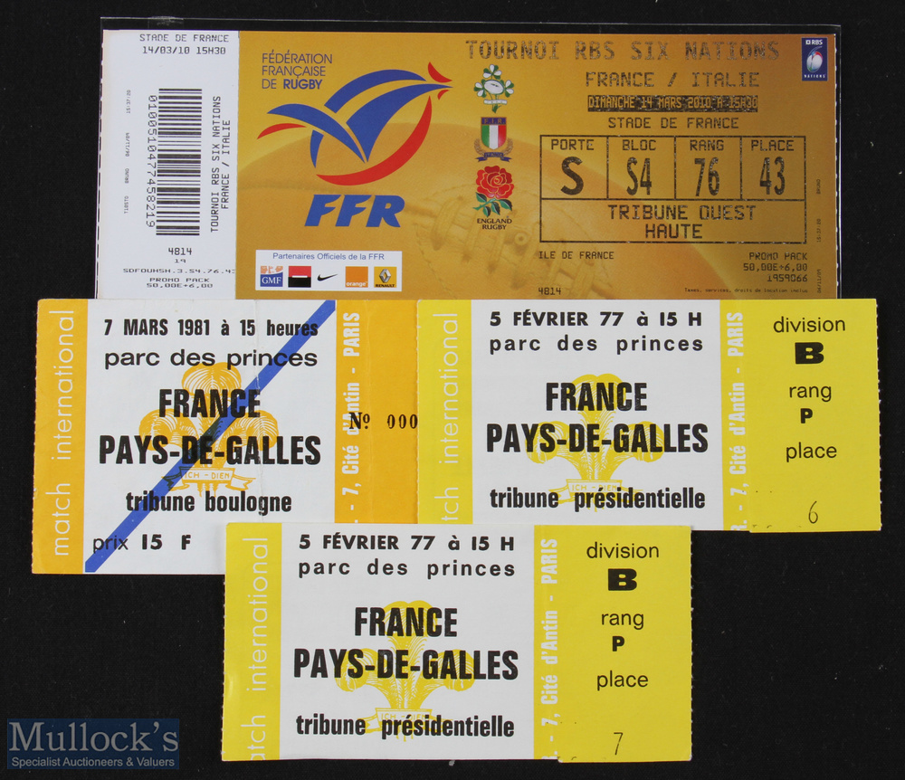 France v Wales & v Italy Rugby Tickets (4): v Wales 1977 (2, French G Slam) & 1981; v Italy 2010.