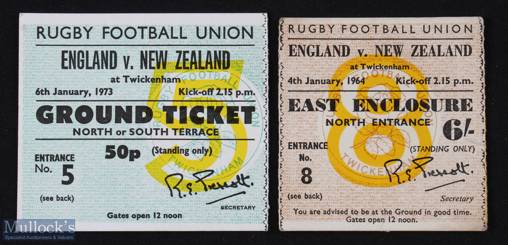 1964/1973 England v NZ Rugby Tickets (2): v the All Blacks of 1964 and 1973 at Twickenham. VG
