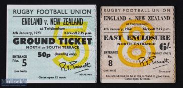 1964/1973 England v NZ Rugby Tickets (2): v the All Blacks of 1964 and 1973 at Twickenham. VG